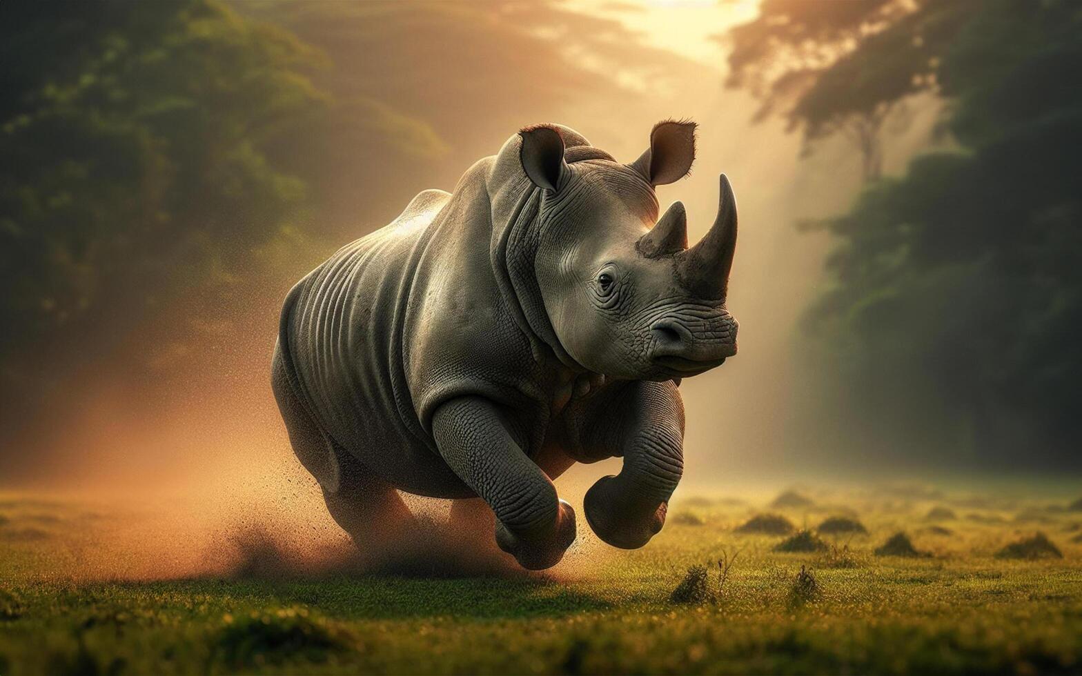 AI generated Rhino in the forest. Big animal in the wild nature photo