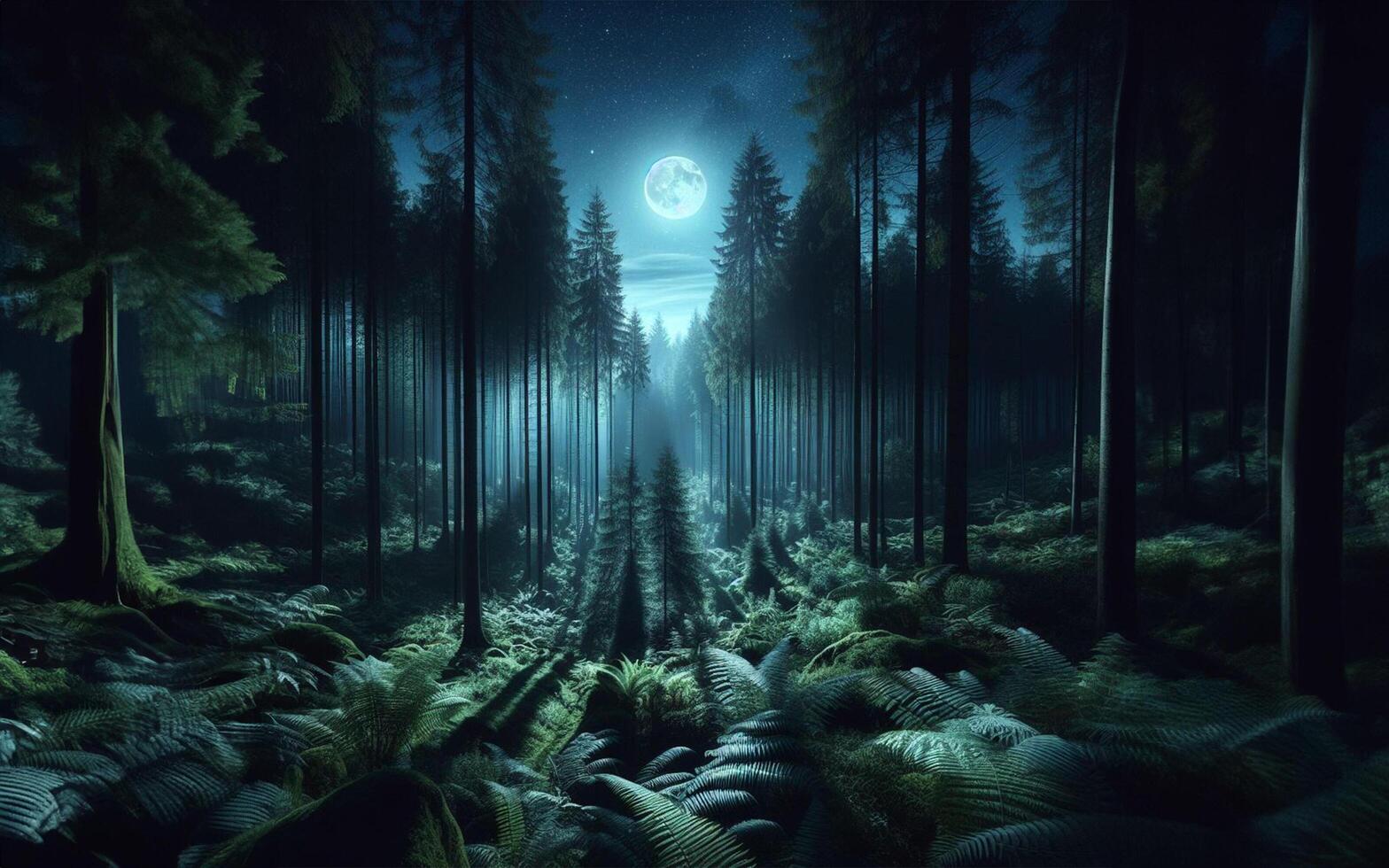 AI generated Full moon in the dense forest at night. photo