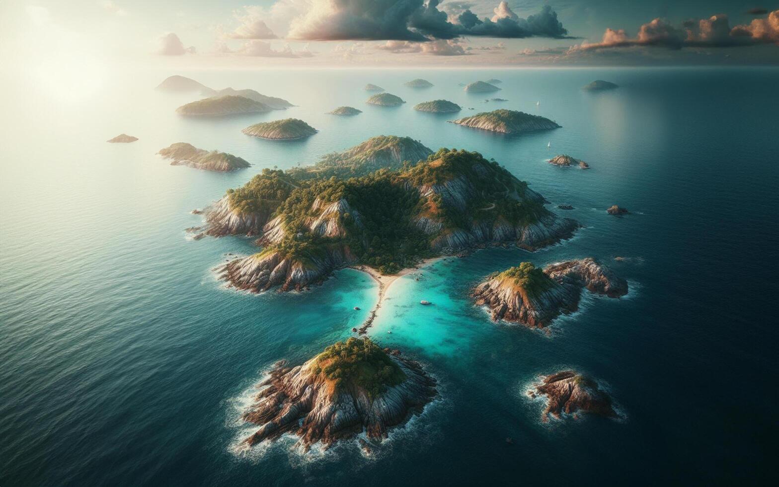 AI generated Island in the middle of the sea, land in the middle of the ocean, aerial view, stuck on an island photo
