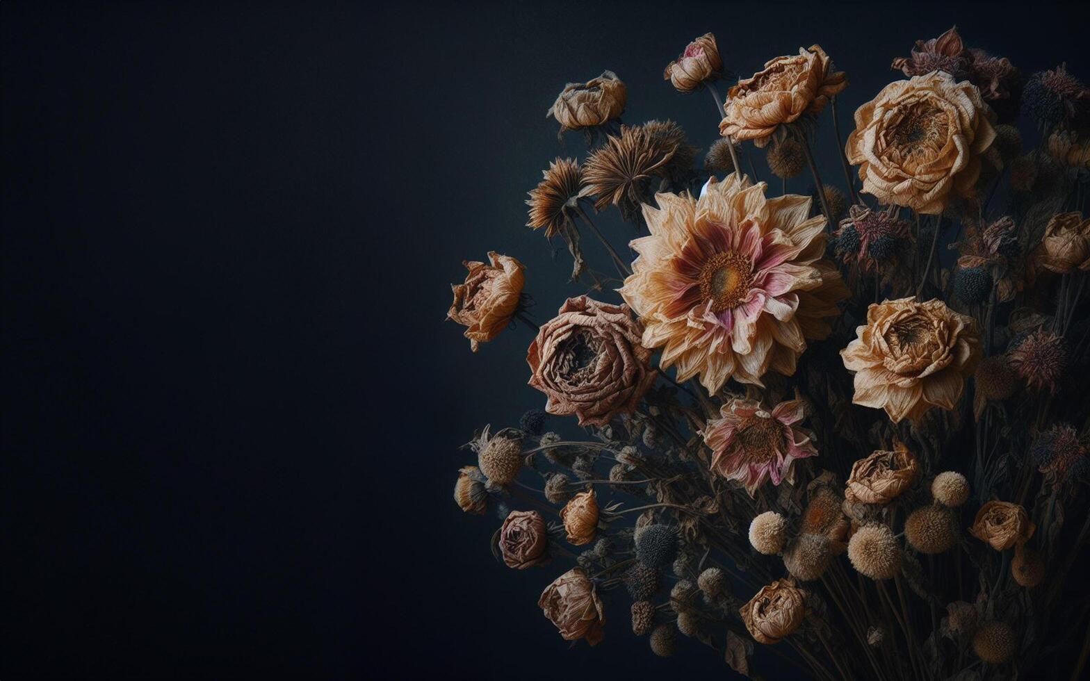 AI generated Flowers dry, wither and fall. The background is dull and not bright. photo