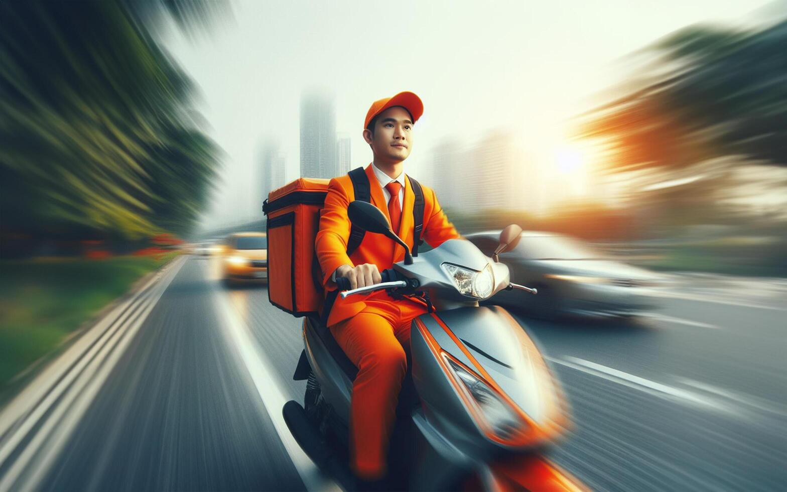 AI generated Food delivery worker in orange uniform Riding a motorcycle to deliver items to customers Delivery concept photo