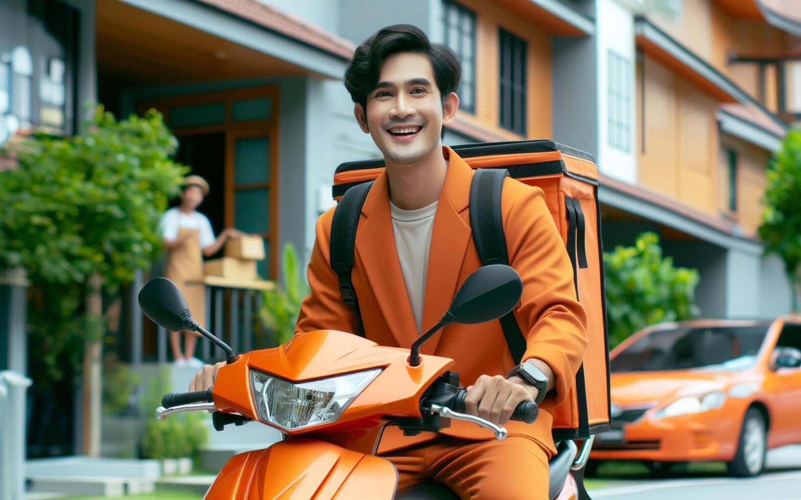 ai generado comida entrega trabajador en naranja uniforme montando un motocicleta a entregar artículos a clientes entrega concepto foto