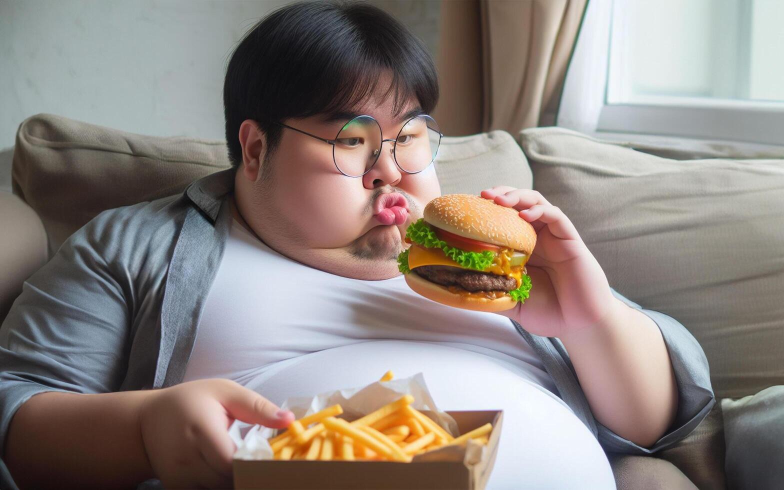 ai generado grasa hombre sentado y comiendo hamburguesa en el sofá. en el vivo habitación el concepto de obesidad porque de comiendo basura comida foto