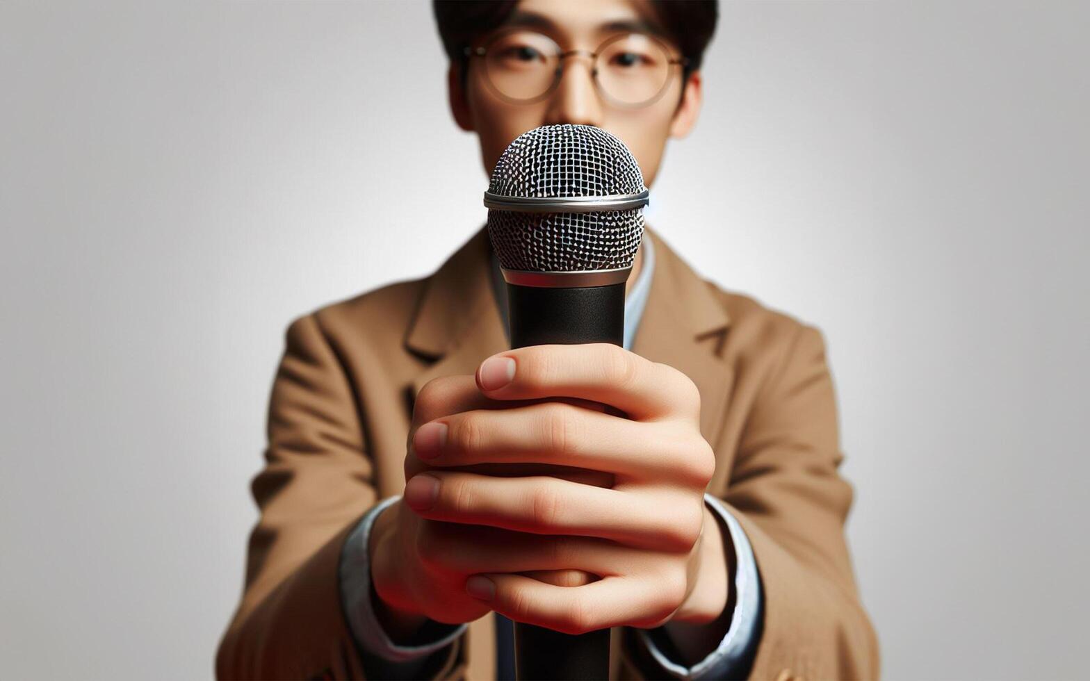 AI generated hand holding microphone The singer's arms are extended forward, the background is white. photo