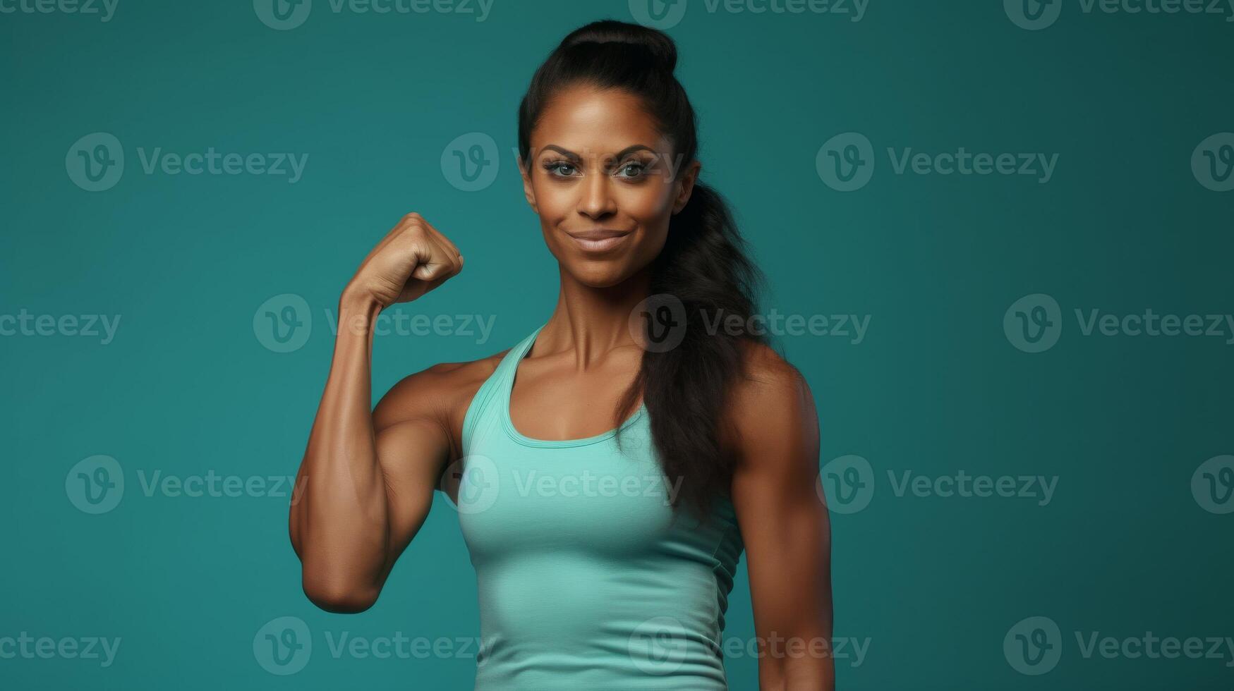 AI generated Woman Flexing Muscles in Front of Green Background photo