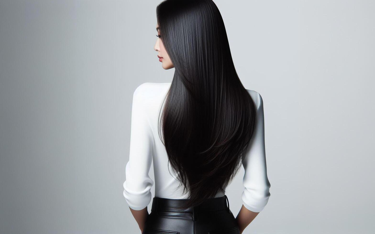 AI generated black hair, hair model, long hair, white background photo