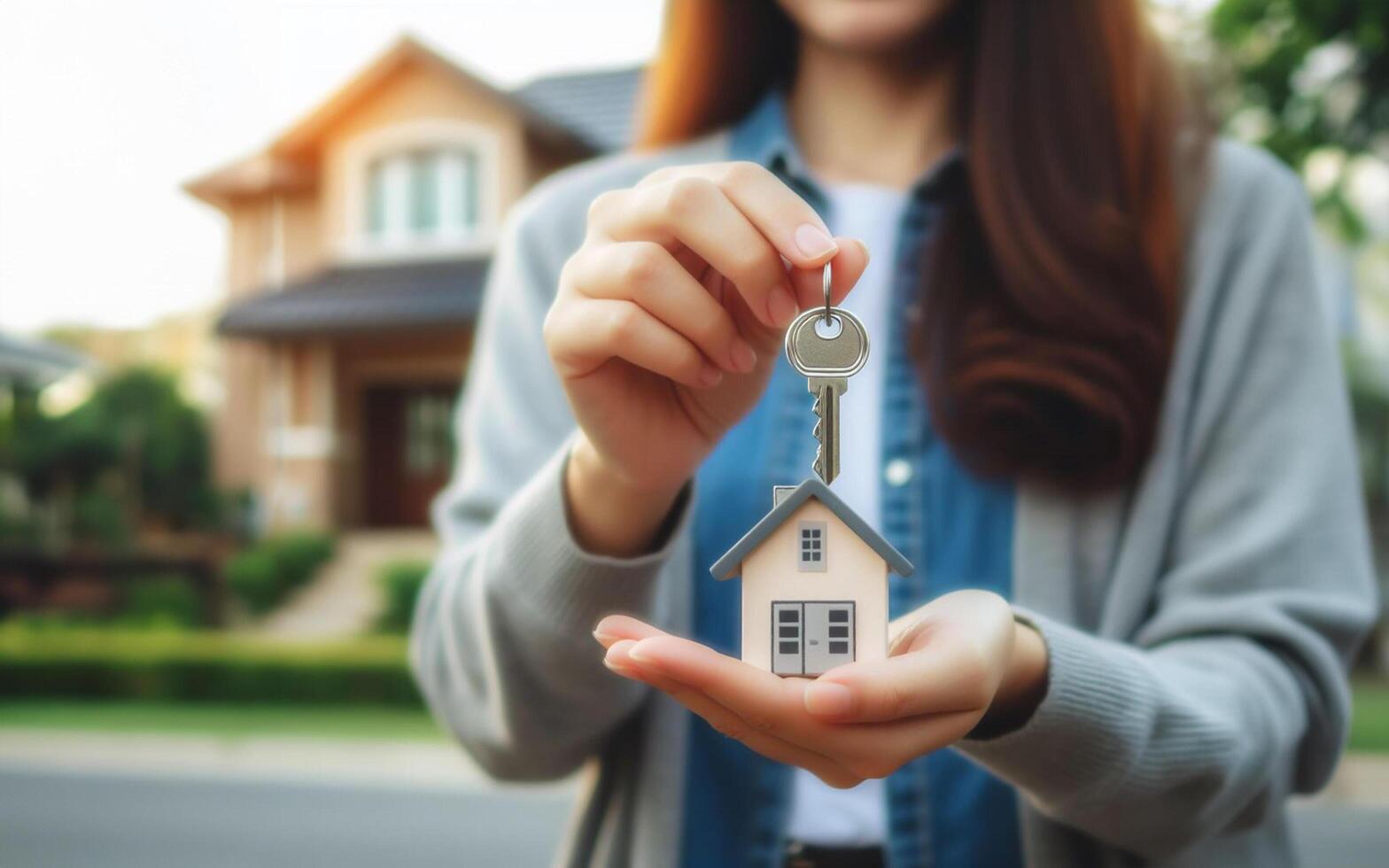 AI generated woman holding house keys standing in front of the house Real estate trading concept photo