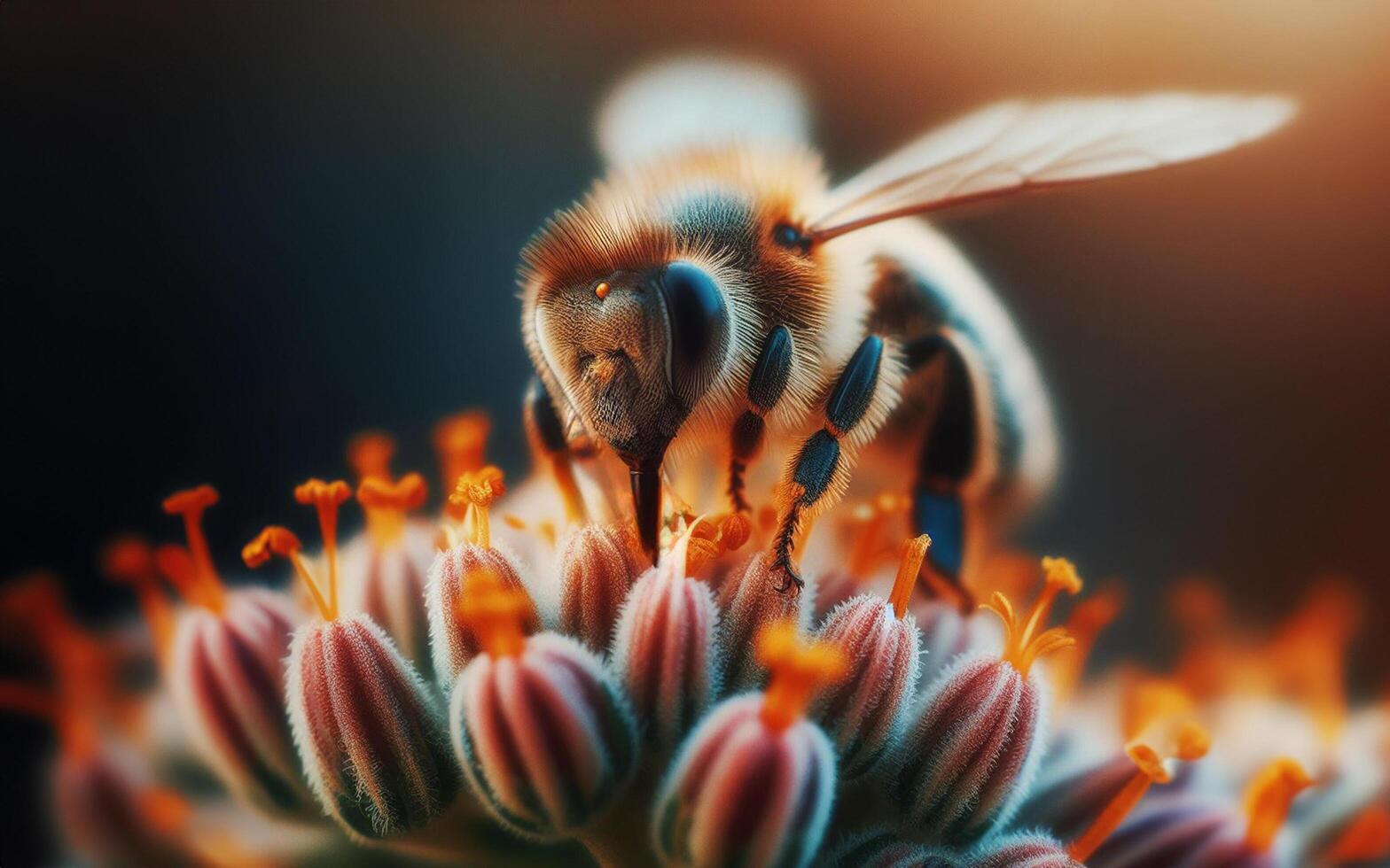 AI generated Bees sniffing flowers. Bees sucking nectar and pollen. Close up photo