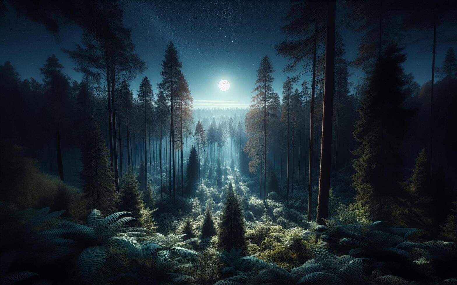 AI generated Full moon in the dense forest at night. photo