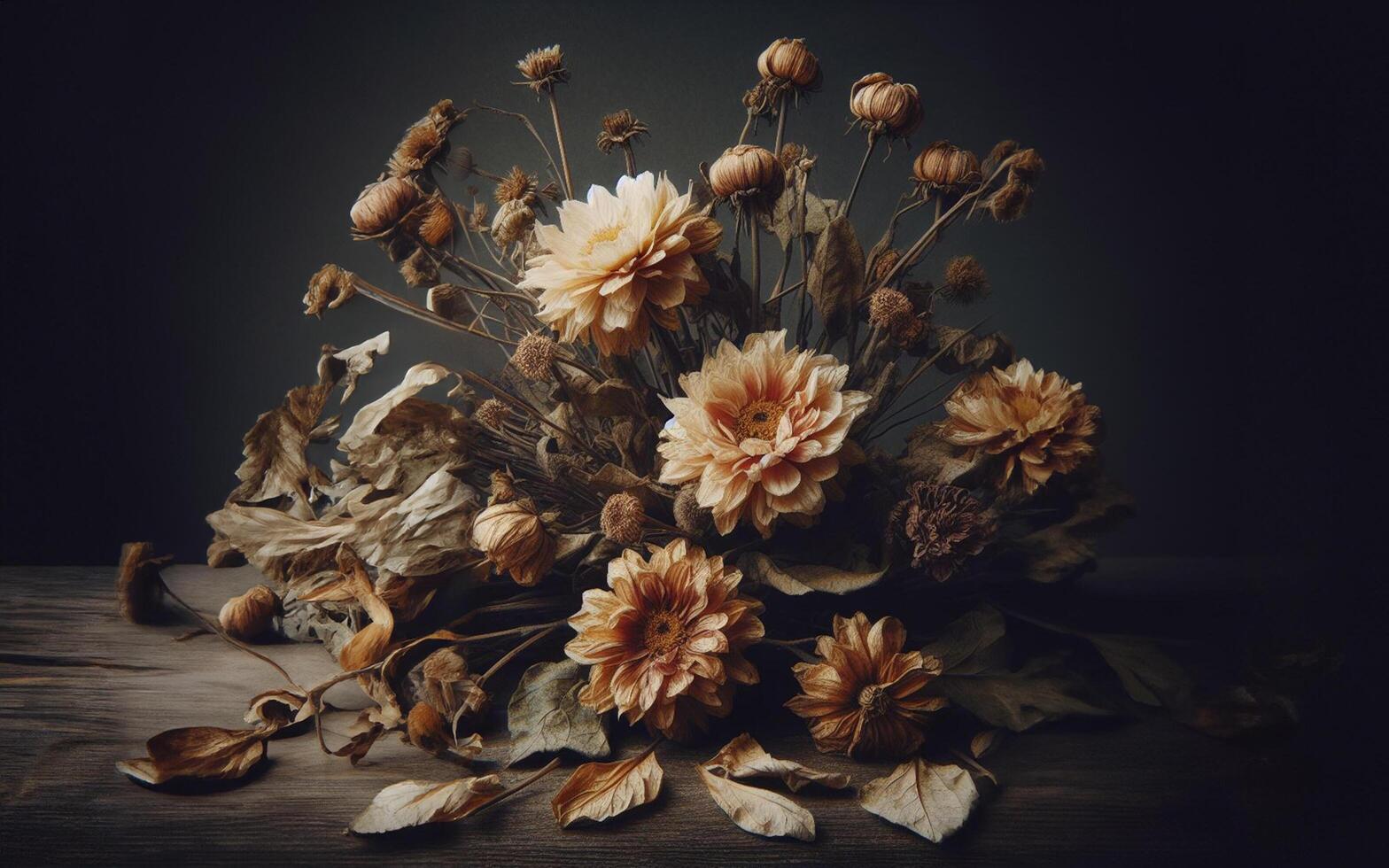 AI generated Flowers dry, wither and fall. The background is dull and not bright. photo