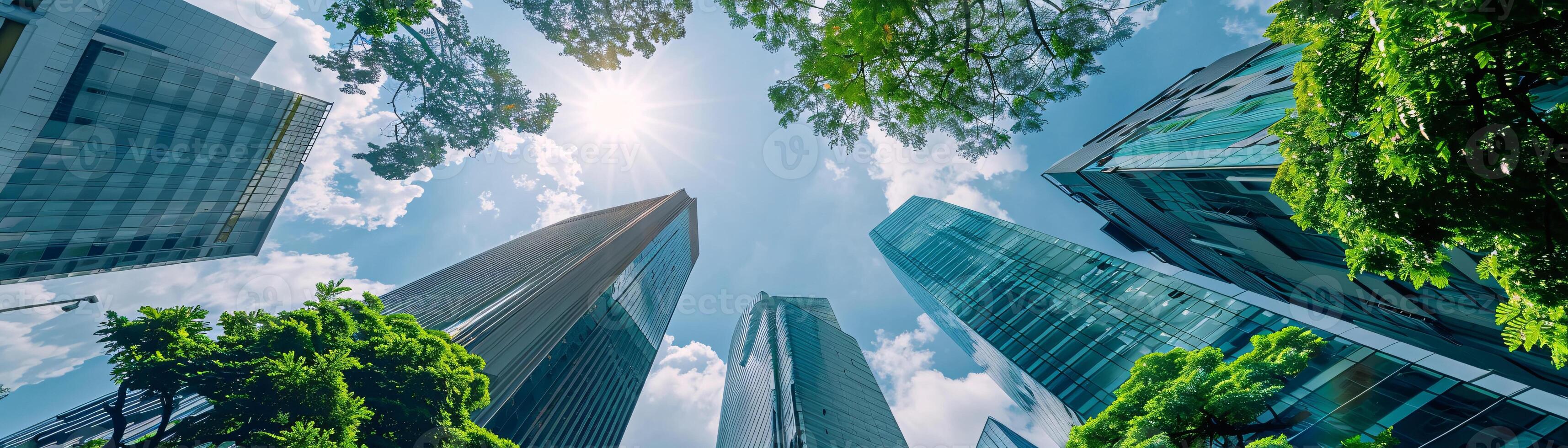 AI generated Sustainable green building. Eco-friendly building. Sustainable glass office building with tree for reducing carbon dioxide. Office with green environment. Corporate building reduce CO2. photo