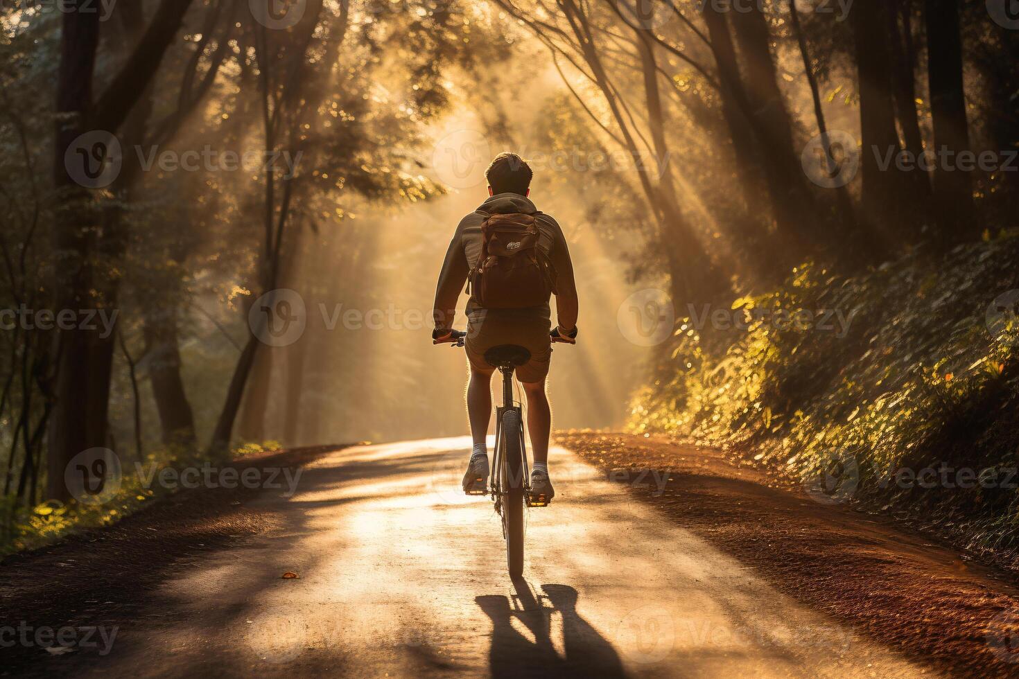 ai generado sostenible viajar. posterior ver de viajero montando bicicleta. sostenible turismo y bajo carbón huella. Respetuoso del medio ambiente viaje a promover verde transporte. Respetuoso del medio ambiente transporte. foto