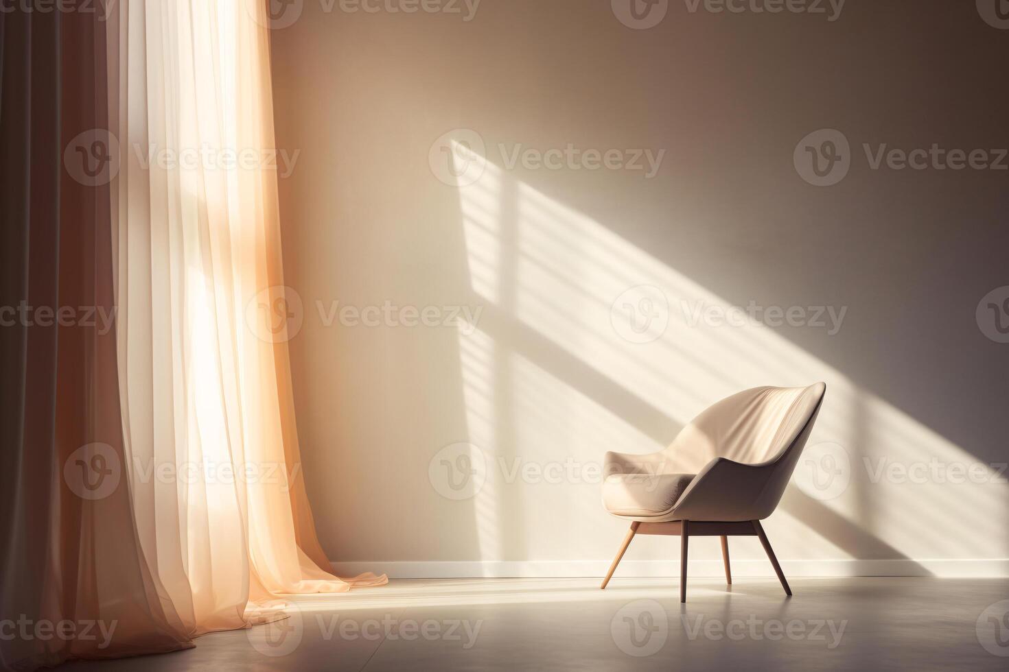 AI generated A chair is sitting in front of a window with a curtain. The room is empty and the chair is the only piece of furniture photo
