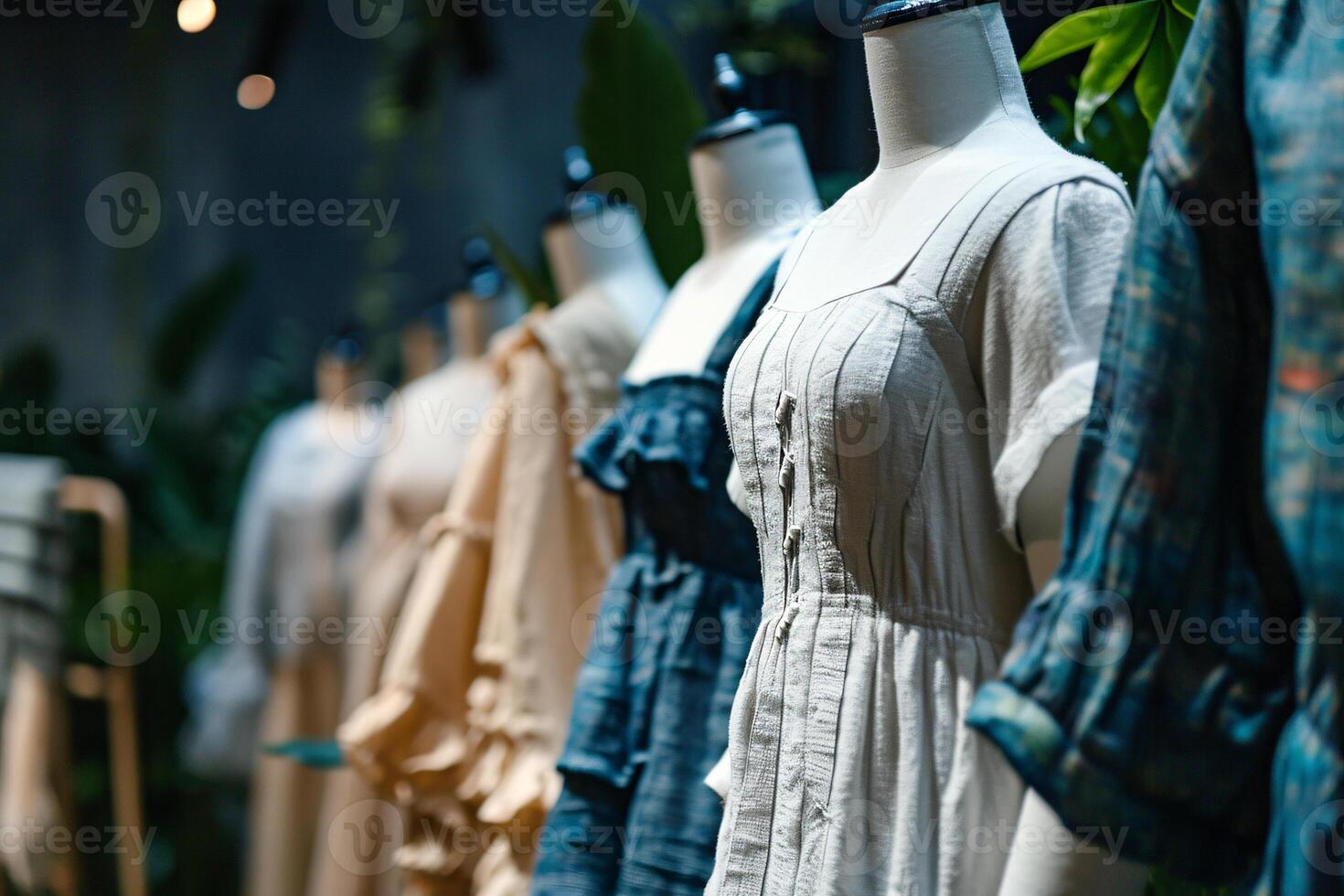 AI generated Sustainable fashion concept. A row of mannequins are dressed in various outfits, including a white dress and a blue dress photo