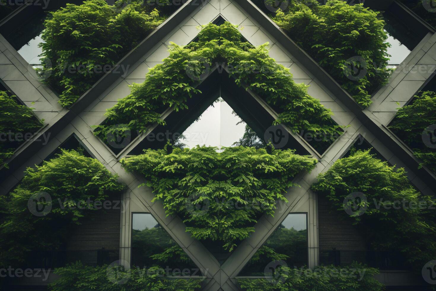 ai generado un edificio con un verde planta creciente en él. el planta es creciente en el edificio en un camino ese eso mira me gusta eso es hecho arriba de muchos menor plantas foto