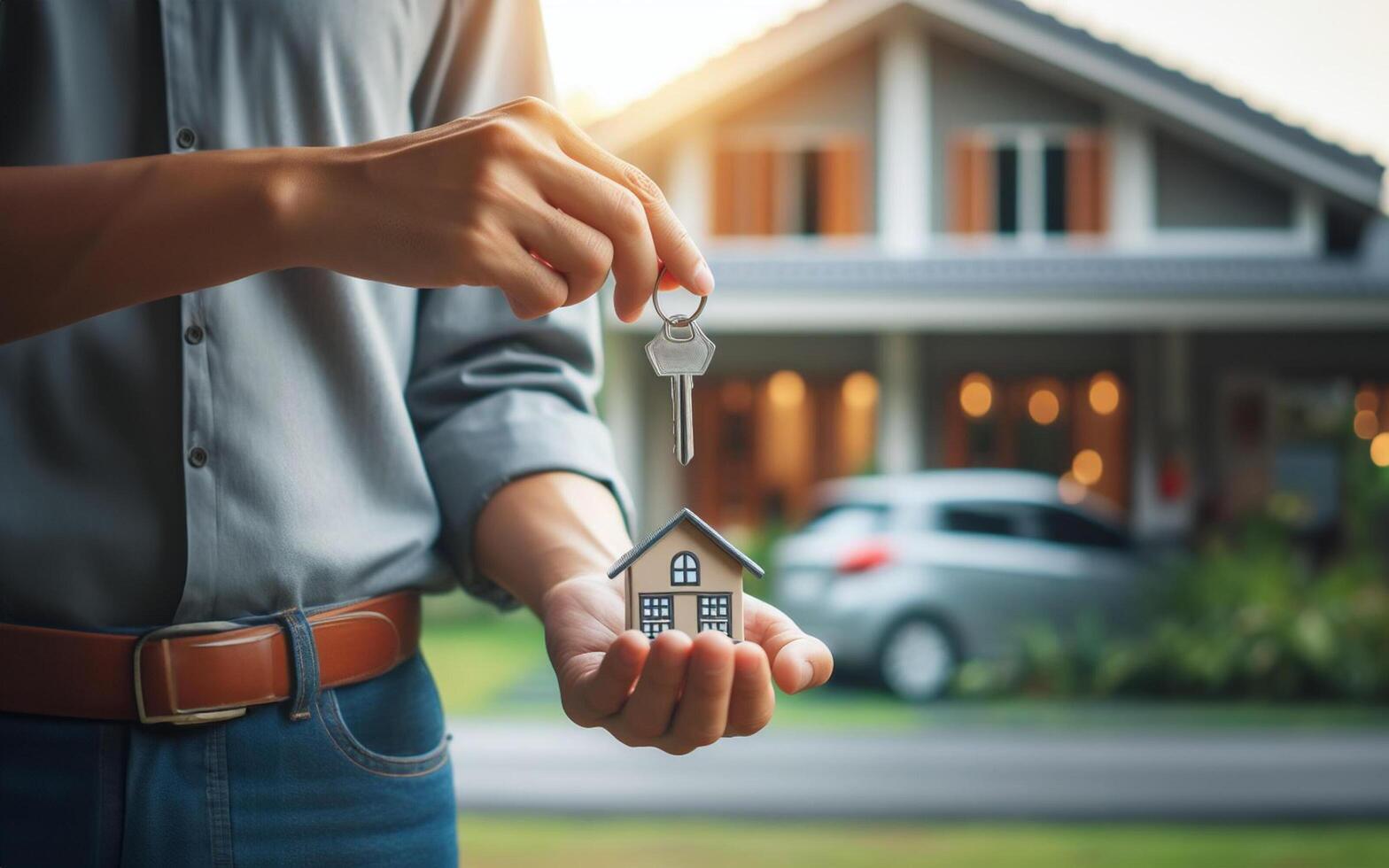 AI generated man holding house key standing in front of the house Real estate trading concept photo