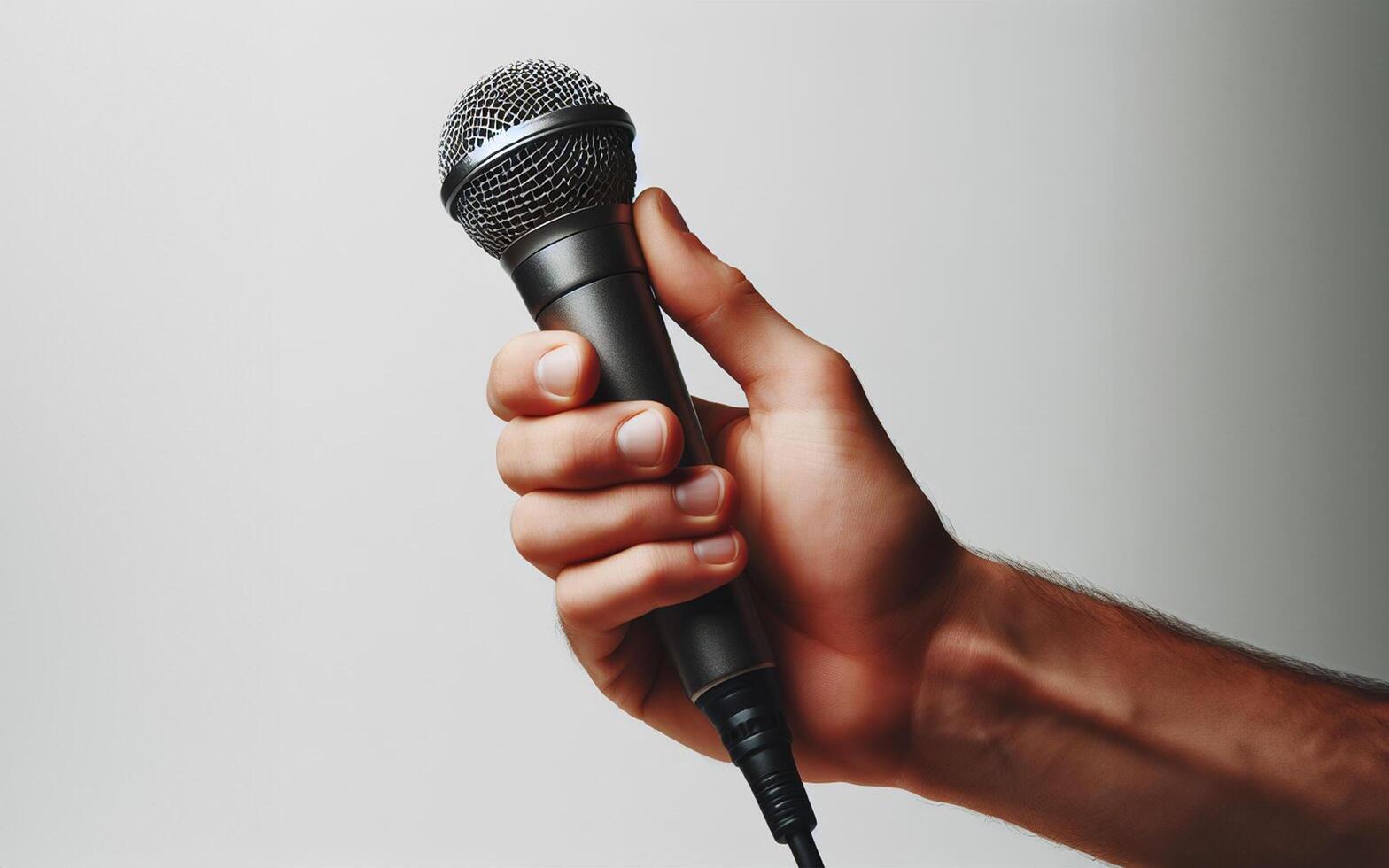 AI generated hand holding microphone The singer's arms are extended forward, the background is white. photo