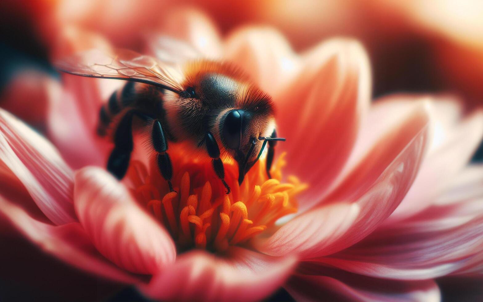 AI generated Bees sniffing flowers. Bees sucking nectar and pollen. Close up photo