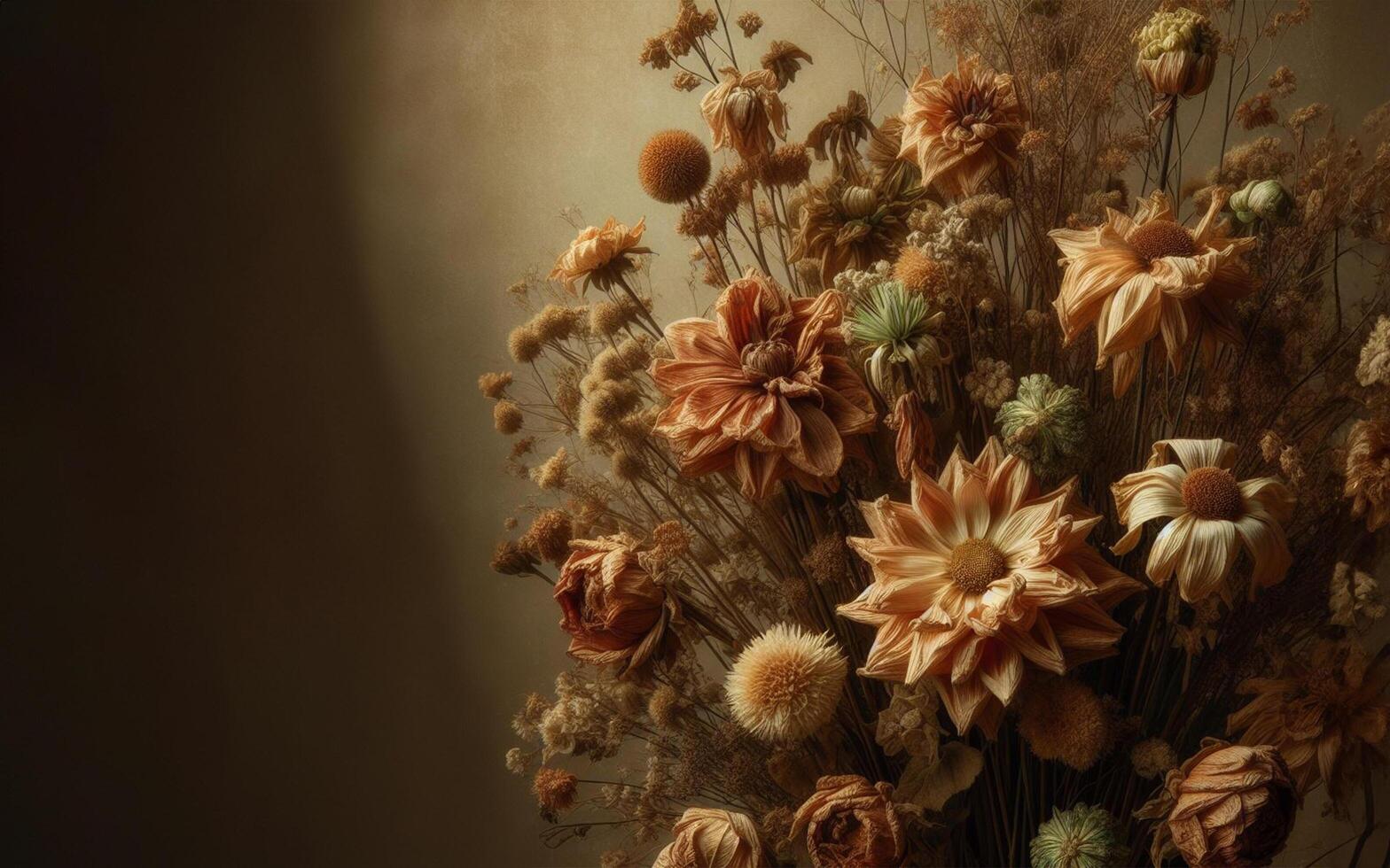 AI generated Flowers dry, wither and fall. The background is dull and not bright. photo