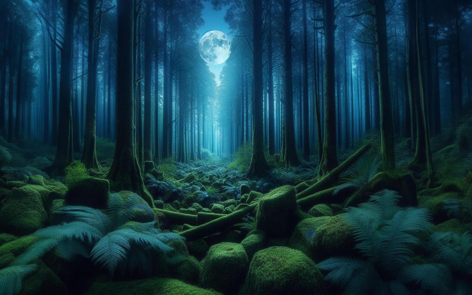 AI generated Full moon in the dense forest at night. photo