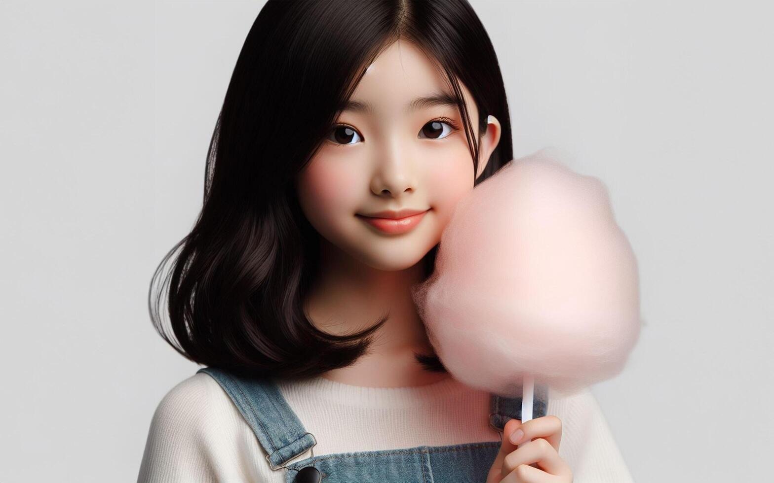 AI generated girl holding cotton candy Smiling face, white background photo