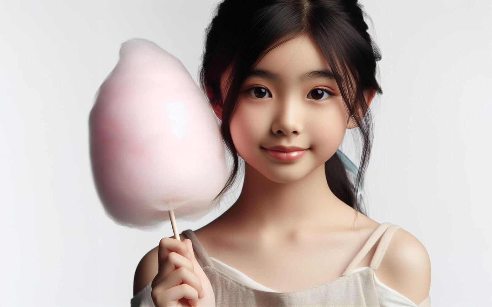 AI generated girl holding cotton candy Smiling face, white background photo