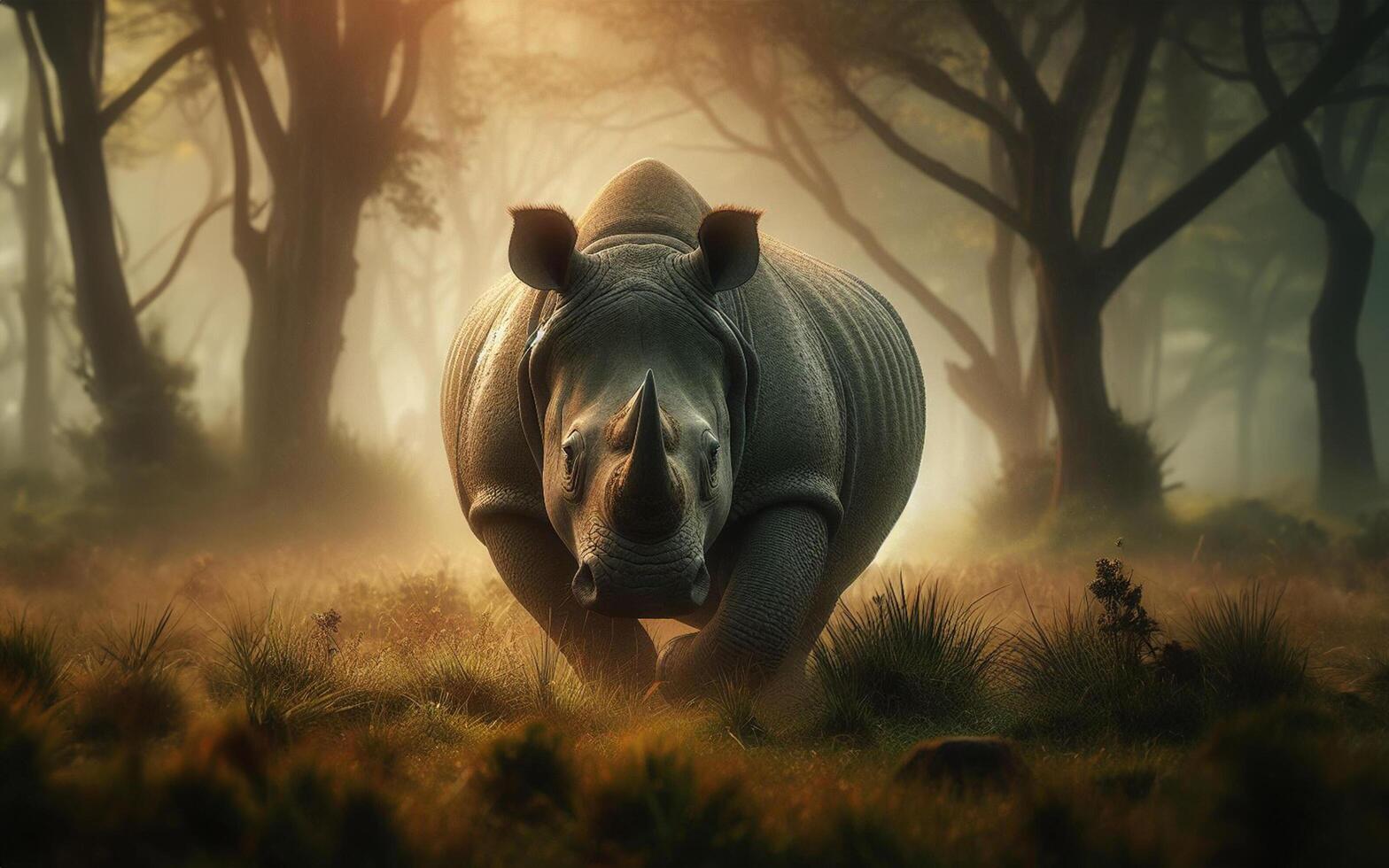 AI generated Rhino in the forest. Big animal in the wild nature photo