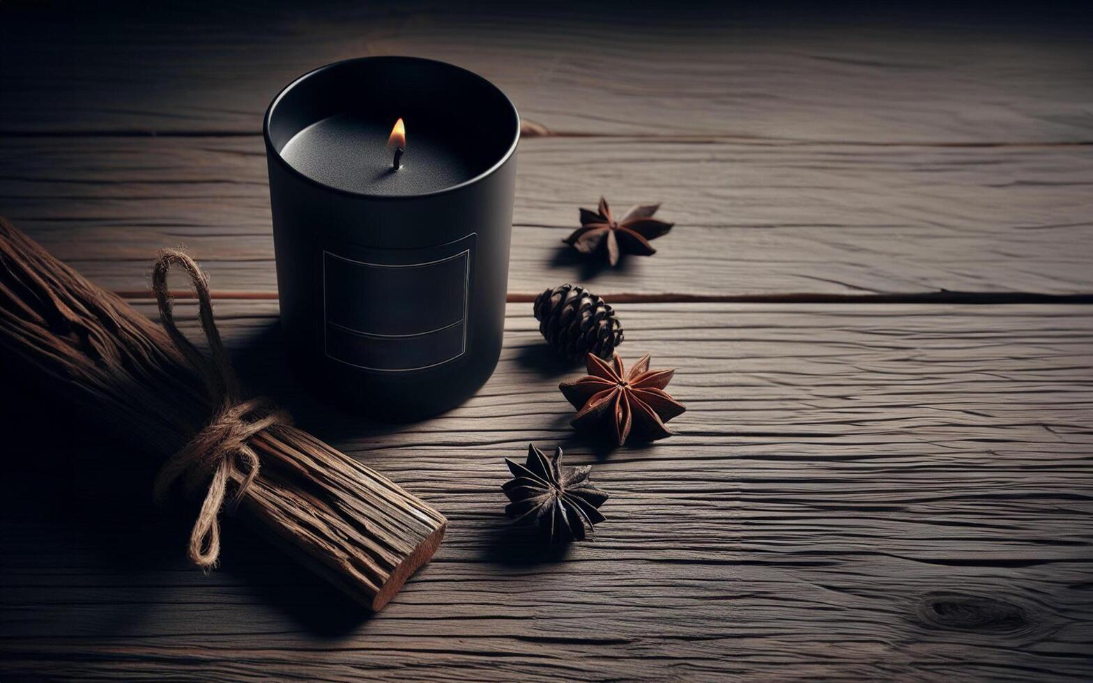 AI generated Black candle, home decoration candle, vanilla scent Candlestick on wooden floor photo