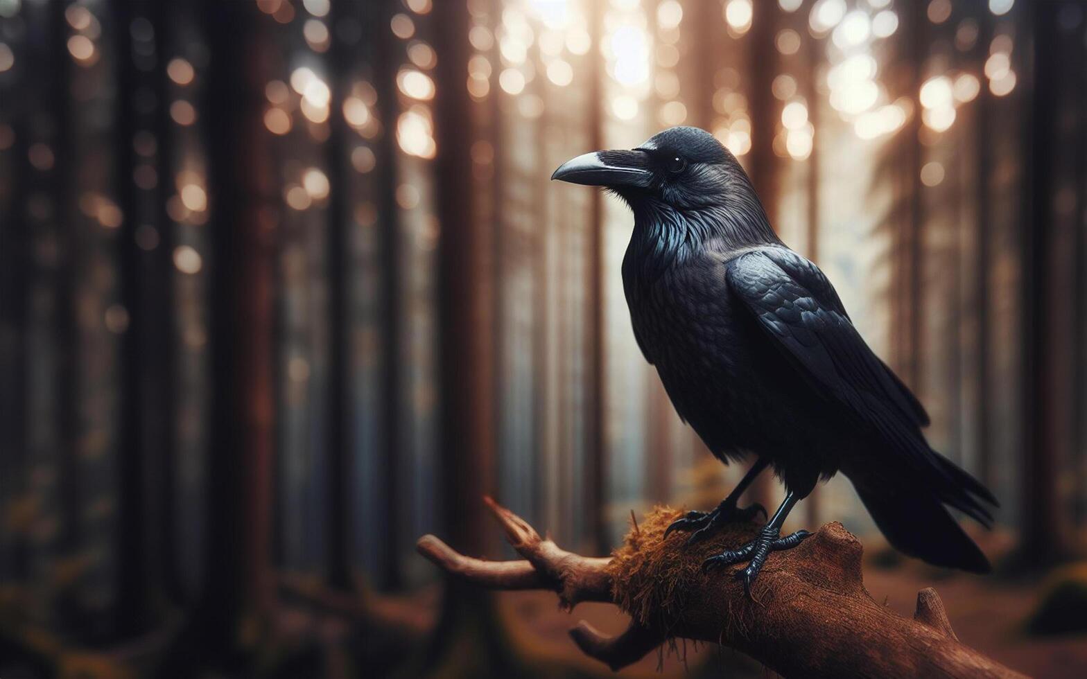 AI generated Crow sitting on a branch, bird, blurred pine forest background, bird photo