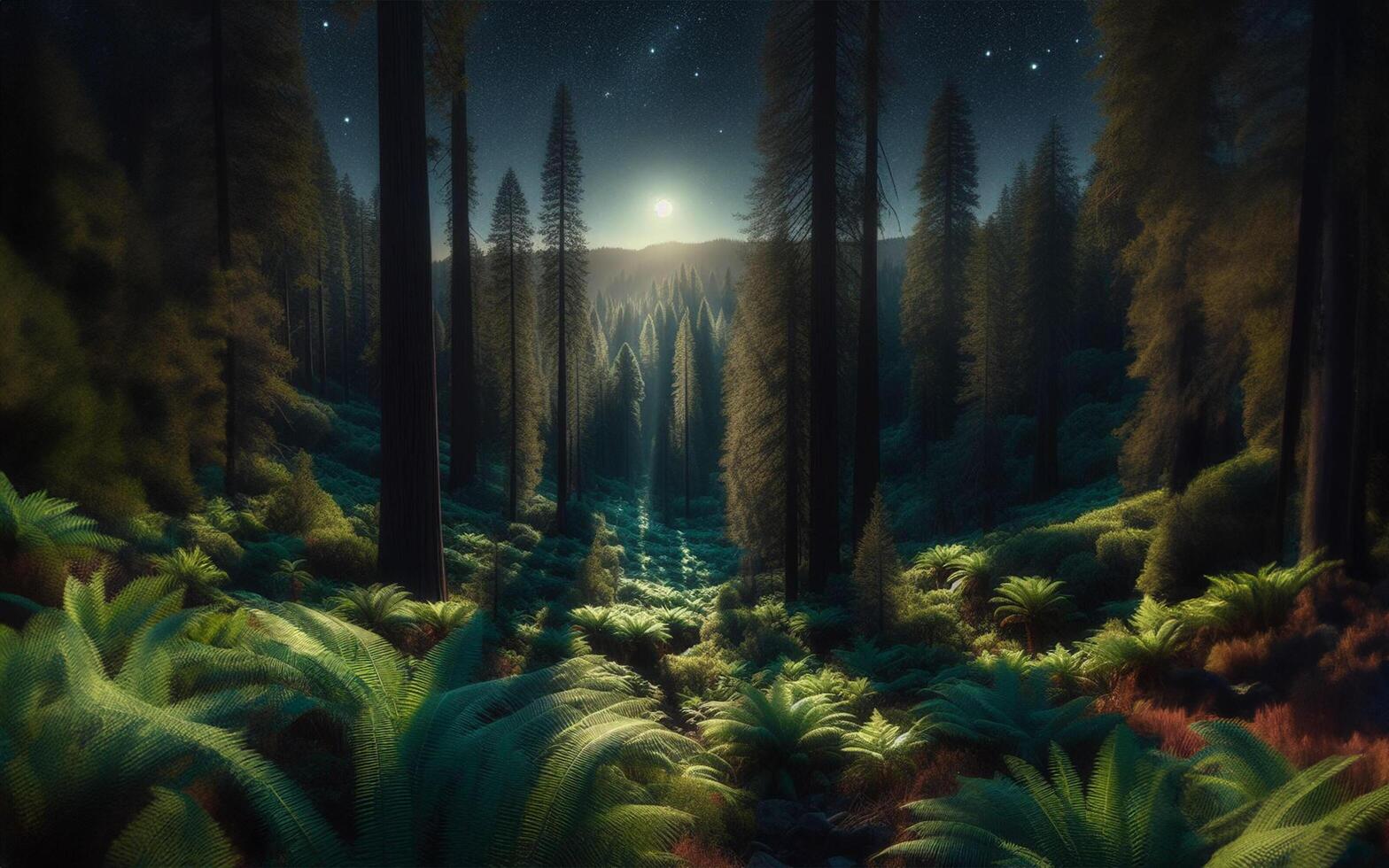 ai generado lleno Luna en el denso bosque a noche. foto