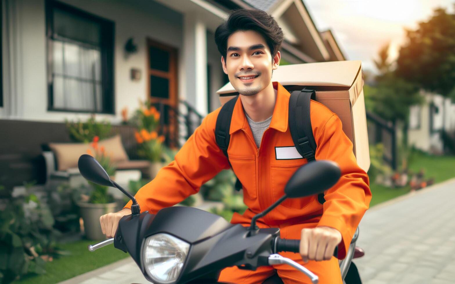 AI generated Food delivery worker in orange uniform Riding a motorcycle to deliver items to customers Delivery concept photo