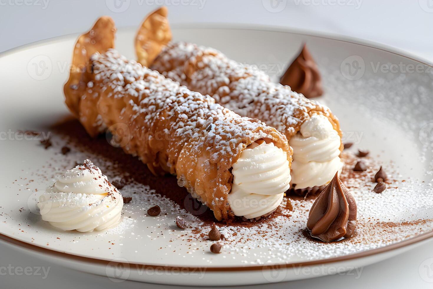 AI generated Cannoli and chocolate powder on plate photo