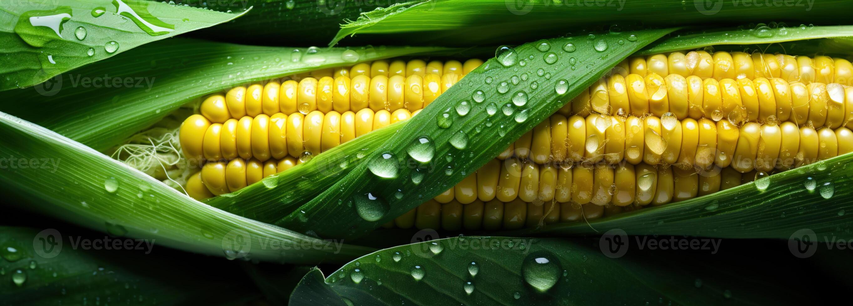 AI generated Bright, fresh sweet corn with leaves in top view, ideal for farm produce. photo