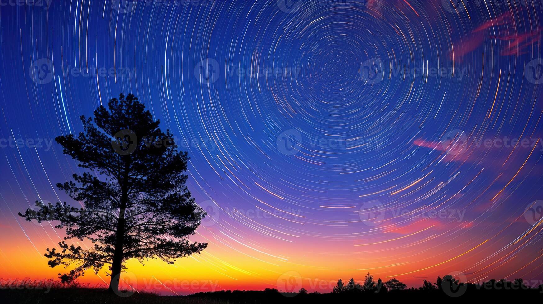 AI generated Stellar choreography captured, Star trails photography reveals the apparent motion of stars through long exposure techniques. photo