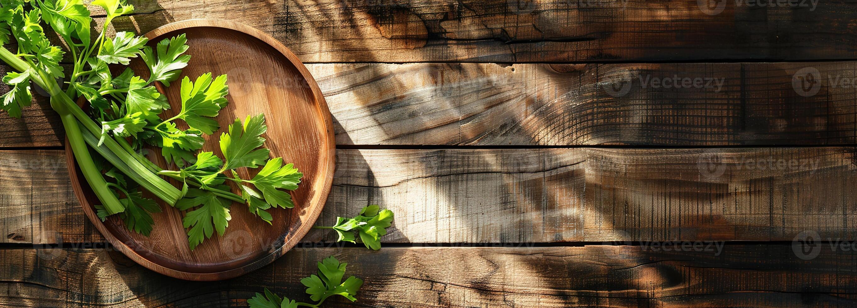 AI generated Fresh celery on wooden plate, soft light, space for text, table top view, celery wooden table photo