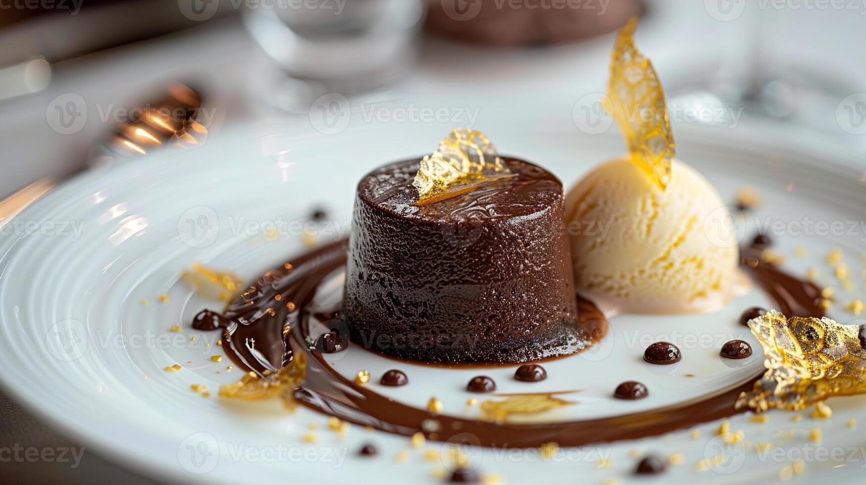 AI generated Chocolate Fondant with Artisanal Vanilla Bean Ice Cream and Edible Gold Leaf, a Masterpiece of Gourmet Dessert Artistry. photo