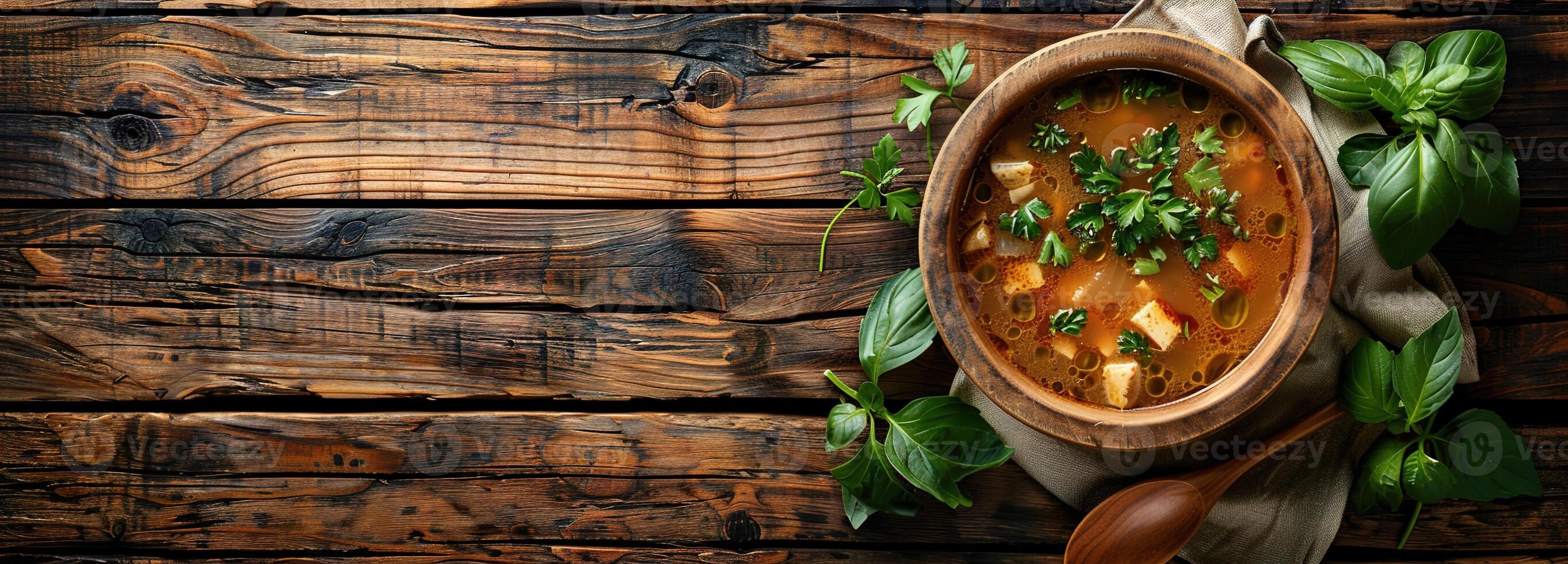AI generated Stew wooden table, cozy homemade stew in a rustic wooden bowl on a table under soft sunlight, perfect for a warm, inviting kitchen scene with space for your text. photo