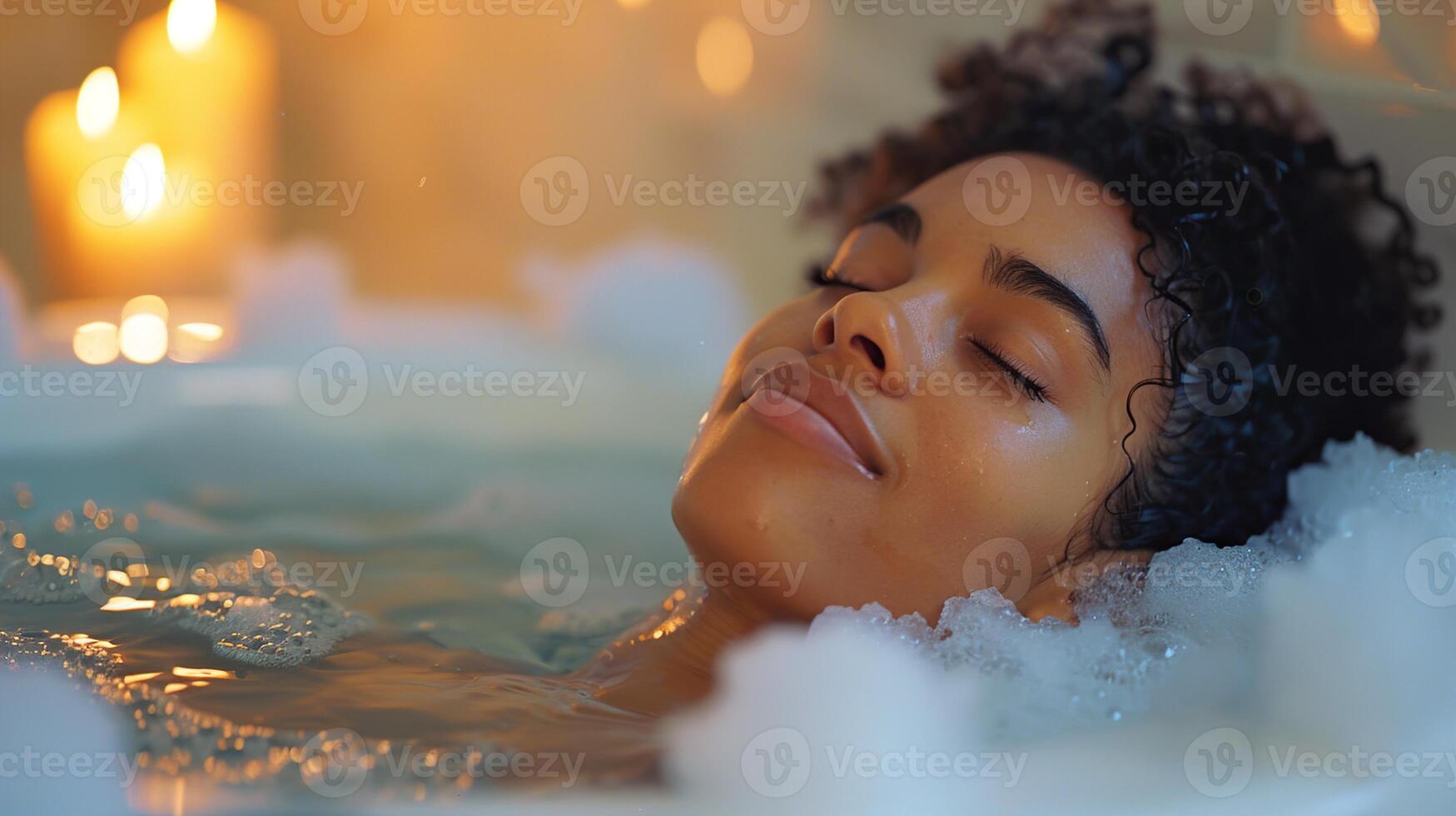 AI generated Spa and self-care with a serene scene, a person enjoying a relaxing bath surrounded by candles and bath salts, capturing tranquility and wellness. photo