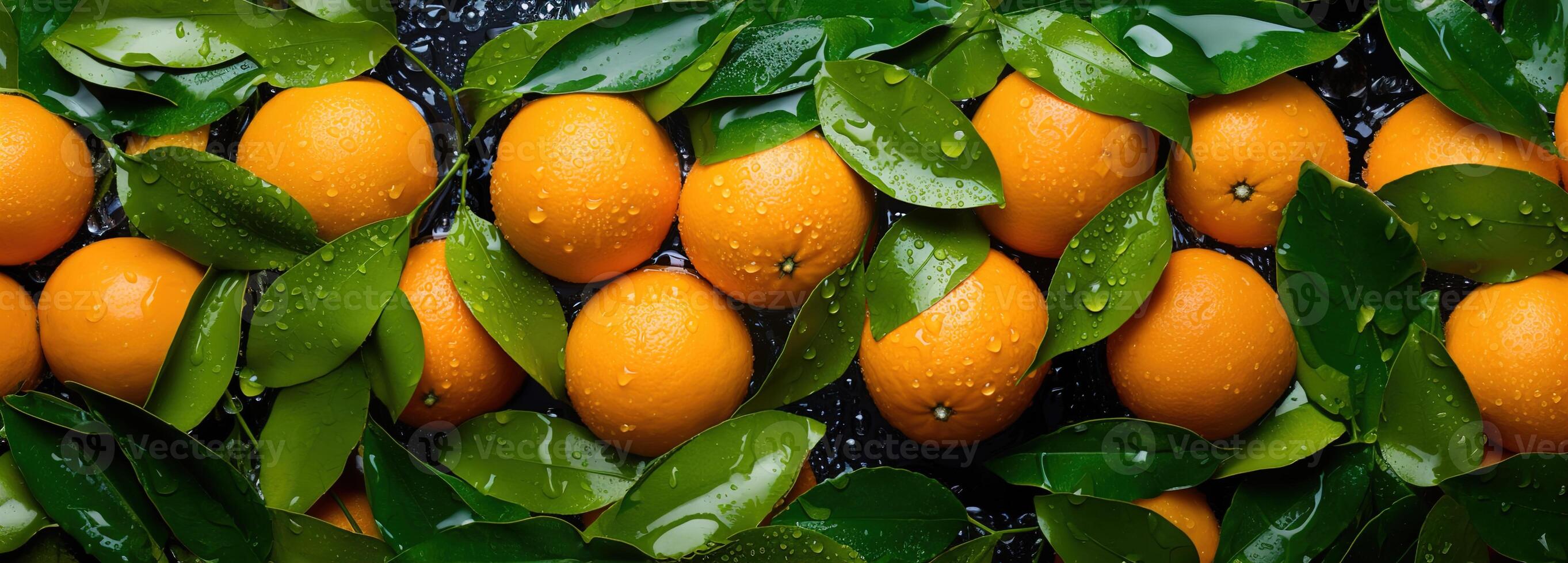 ai generado jugoso naranja con hojas, destacando el detallado patrones y refrescante gotas de agua en un ricamente de colores agrios Fruta antecedentes foto