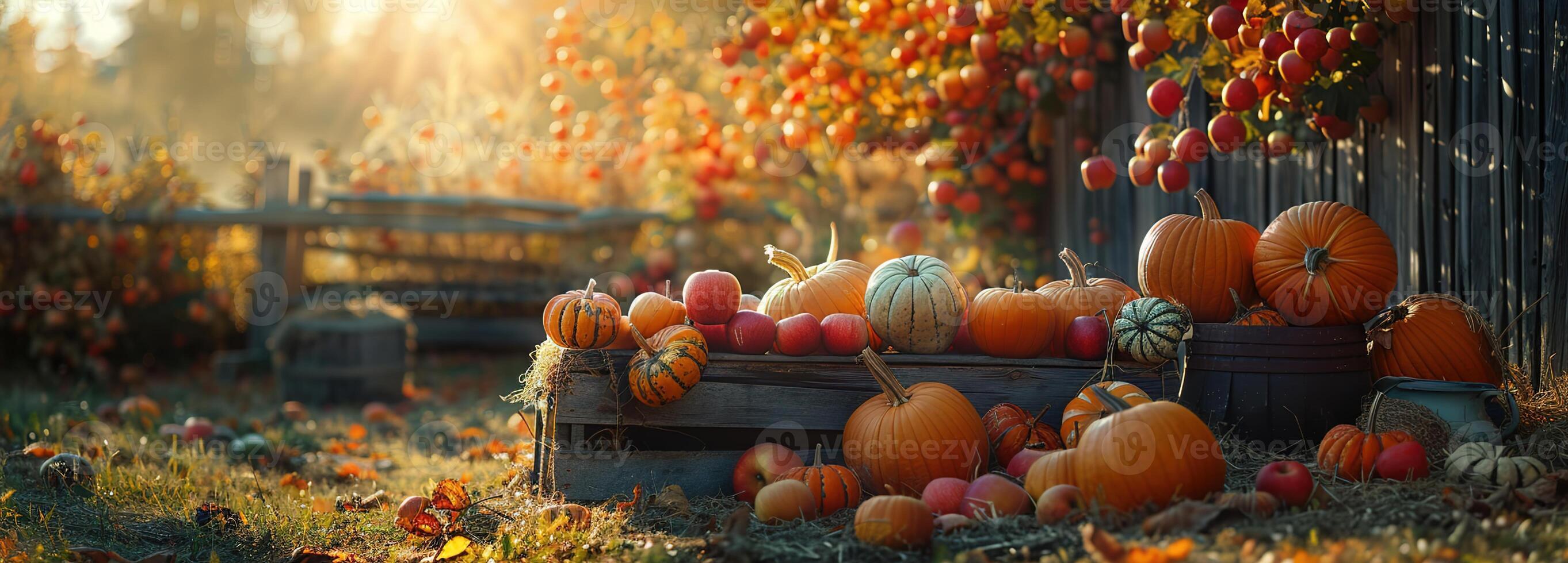 AI generated Autumn Harvest Splendor, A Rustic Scene Adorned with Pumpkins, Apples, and Vibrant Fall Foliage, Celebrating the Essence of the Fall Season. photo