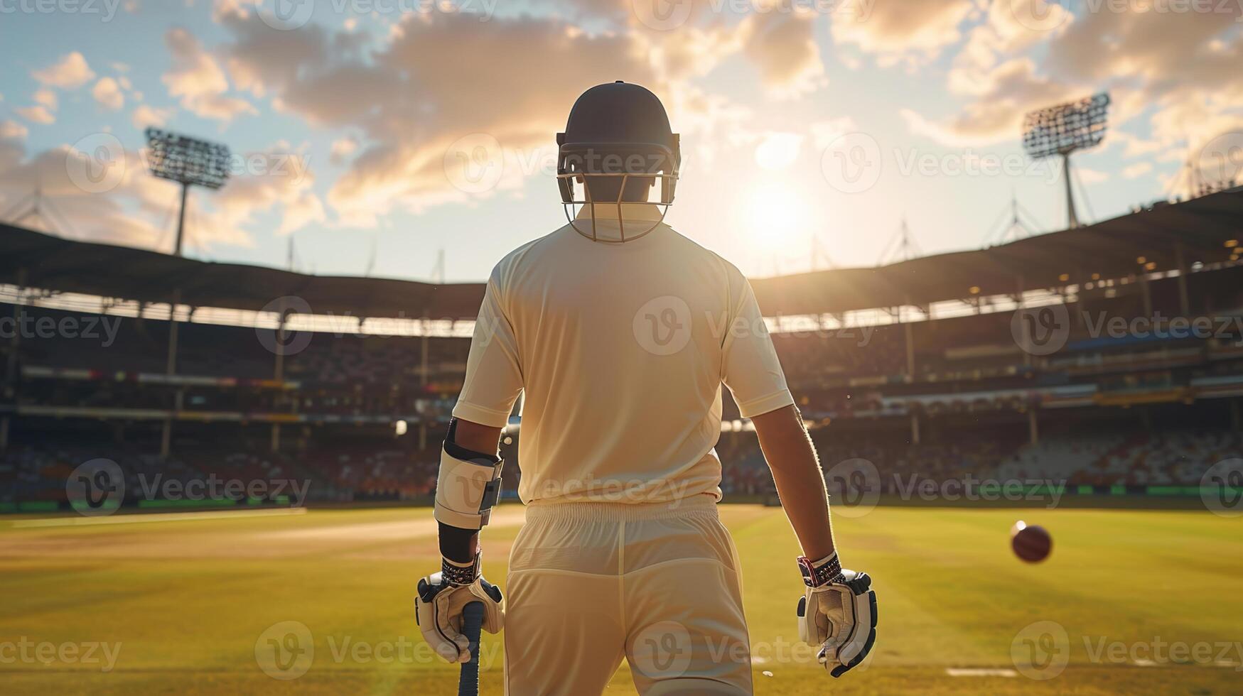AI generated Cricket player in action at the stadium, captured from behind in the serene afternoon light, showcasing the concentration and skill of the game photo