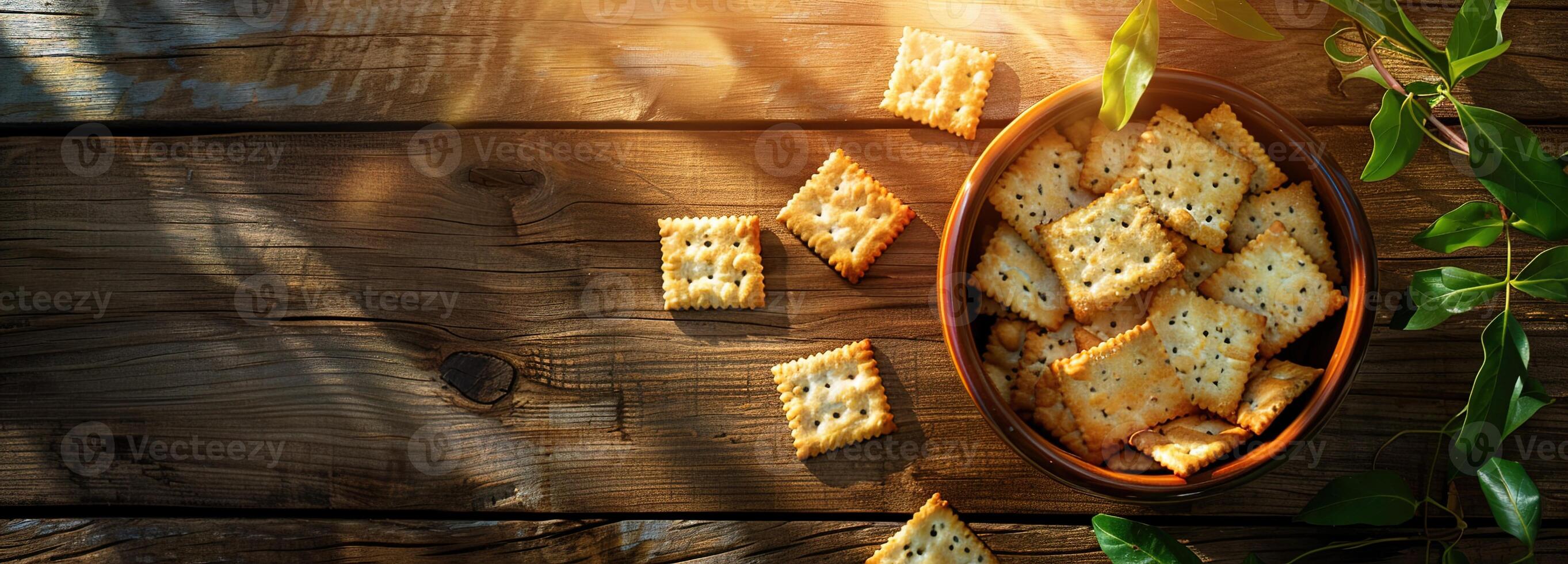 AI generated crackers wooden table, top view of wooden table in the soft sunlight, space for text with crackers on the table photo