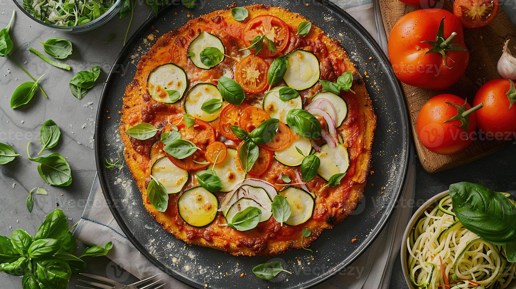 AI generated A Meal of Gluten-Free Pizza and Keto Zucchini Noodles, Ensuring Taste Without Compromise for Special Diets. photo