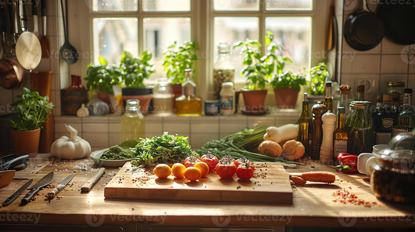 ai generado cocina deberes para culinario excelencia, un de madera mesa conjunto con Fresco ingredientes y herramientas Listo para un Cocinando demostración o receta presentación. foto