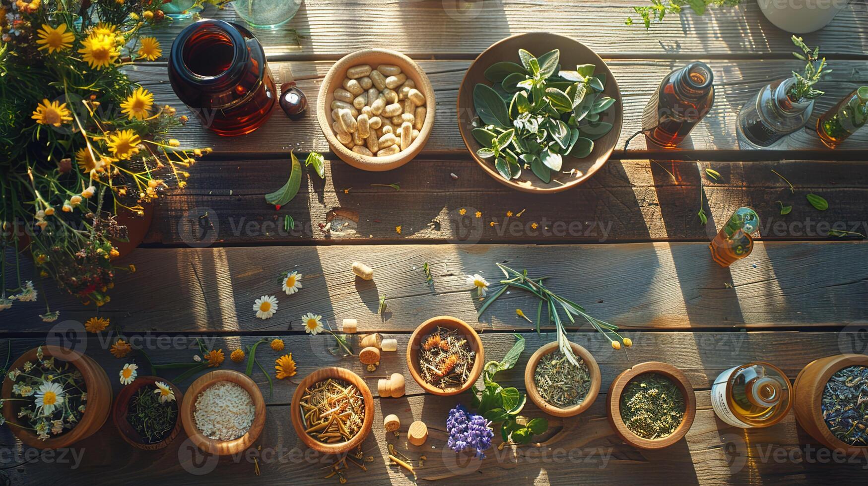 AI generated natural remedies on a wooden table, featuring essential oils and medicinal herbs for a plant-based approach to wellness. photo