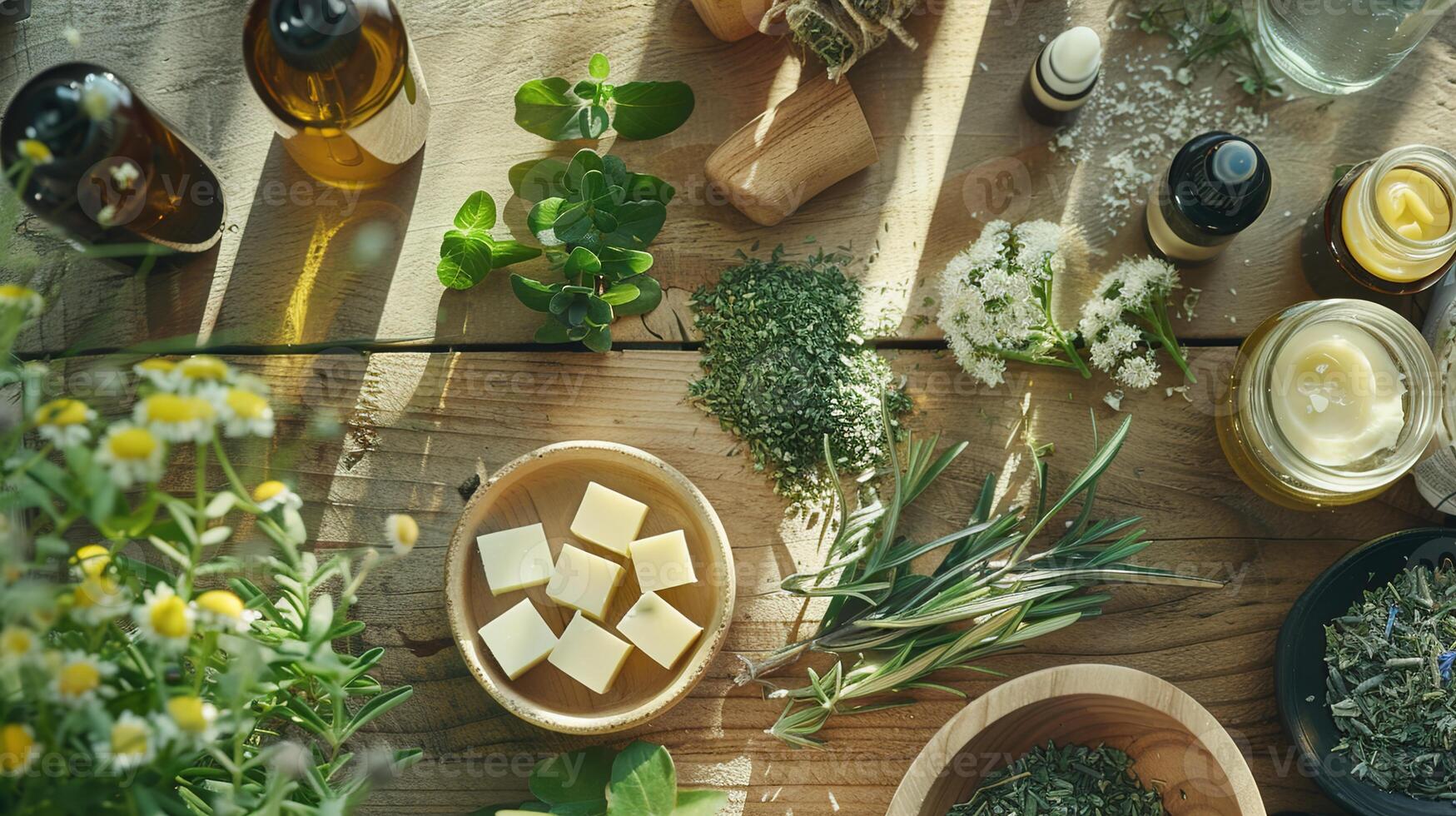 AI generated natural remedies on a wooden table, featuring essential oils and medicinal herbs for a plant-based approach to wellness. photo