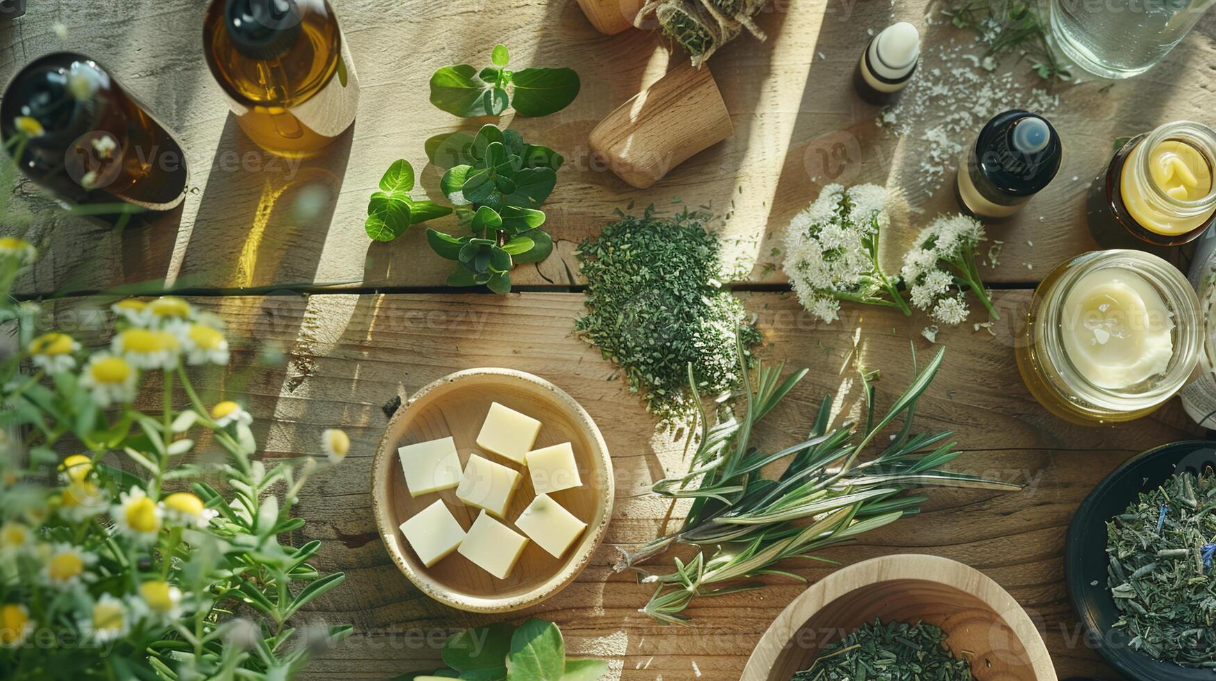 ai generado natural remedios en un de madera mesa, presentando esencial aceites y medicinal hierbas para un a base de plantas Acercarse a bienestar. foto