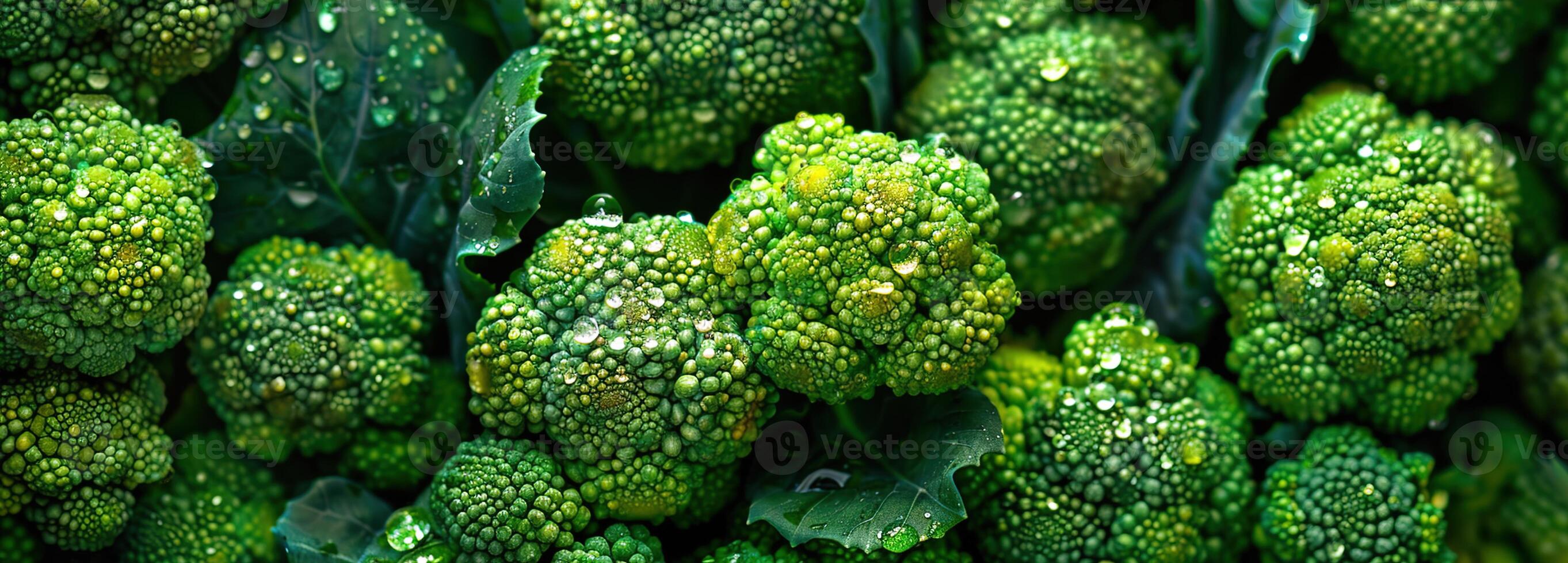 AI generated Fresh green broccoli closeup with dewy leaves, showcasing vibrant textures photo