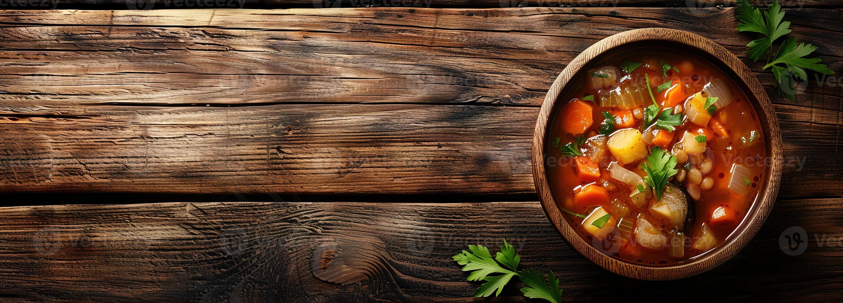 AI generated Stew wooden table, cozy homemade stew in a rustic wooden bowl on a table under soft sunlight, perfect for a warm, inviting kitchen scene with space for your text. photo