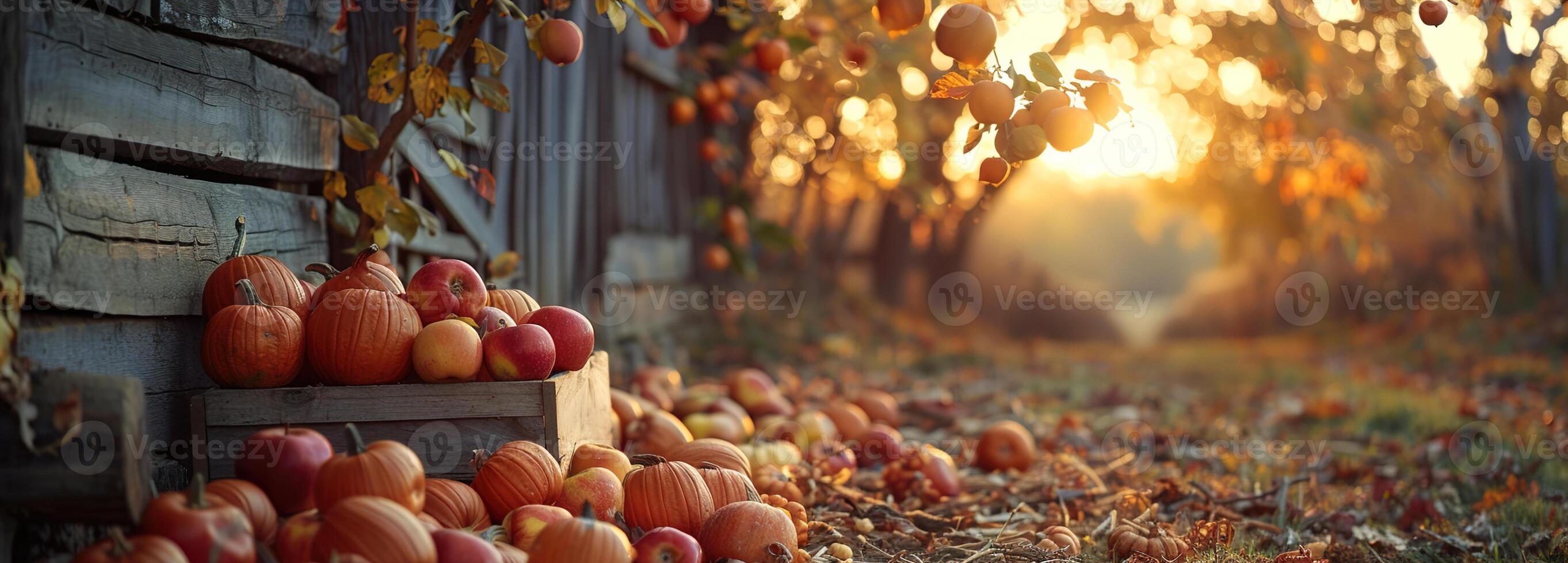 AI generated Autumn Harvest Splendor, A Rustic Scene Adorned with Pumpkins, Apples, and Vibrant Fall Foliage, Celebrating the Essence of the Fall Season. photo